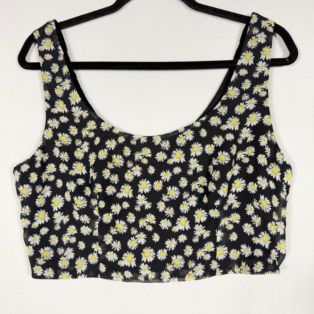 Vtg B Darlin Daisy Floral Crop Top Back Zip S/M Blk 90s Y2K Indie Boho Festival